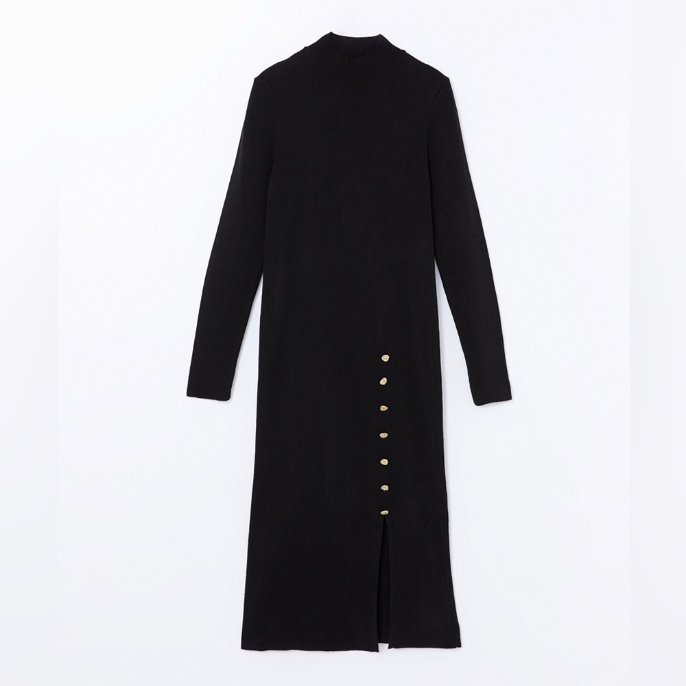 DKNY Black Knit Mock Neck Button Detail Long Sleeve Sweater Dress Size M